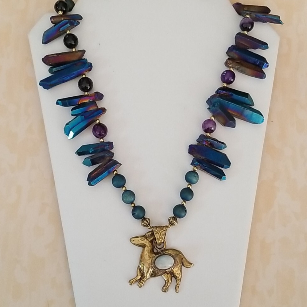 Hand Crafted Boho Tribal Moonstone Tibetan Rainbow Crystal Druzy Agate Necklace - Picture 11 of 16